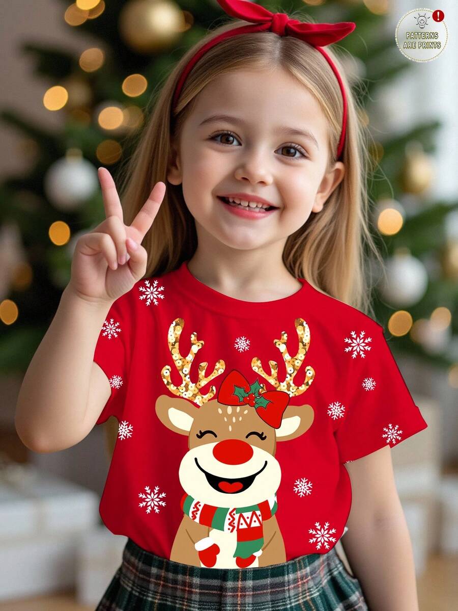 SHEIN Camiseta de manga corta con cuello redondo minimalista casual para niña con diseño lindo de reno navideño, adecuada para el verano y la Navidad