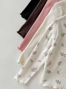 Cozy Pixies 5pcs Baby Girl Floral Textured Turtleneck Long Sleeve Ruffle Hem Pullover Top Set Fall Winter - Pink - View 9