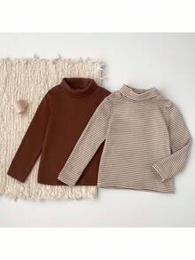 Loomiva 2 pièces/set Jeune garçon Pulls à col roulé à manches longues en tricot doux et rayé de couleurs - Tabac - Voir 4