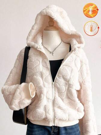 Sweetra Young Tween Girls' Autumn/Winter Casual Fashionable Jacket, Beige Knitted Plush Heart Pattern Double-Sided Fleece Jacquard Fabric Hooded Zip-Up Jacket, Suitable For Casual, School, Travel, Party Occasions Fall