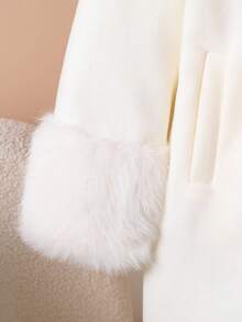 女童简约白色中长款毛领单排扣大衣，适合日常通勤聚会 - 白色 - 查看 7