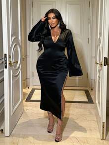 NU&NOW 大码长袖深V领开衩性感时尚优雅浪漫连衣裙 - 黑色 - 查看 5