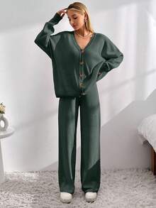 EURMUSE Drop Shoulder Cardigan & Tie Front Knit Pants - Dark Green - View 4