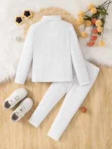 SHEIN 2件套少女纯色针织立领休闲T恤和裤子套装 - 白色 - 查看 3