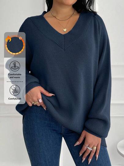 EURMUSE Plus Size Solid V-Neck Casual Pullover Long Sleeve Sweater