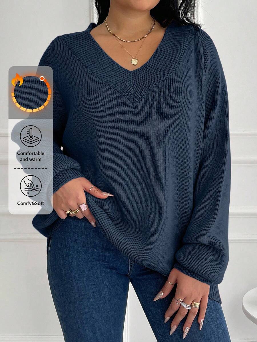 EURMUSE Plus Size Solid V-Neck Casual Pullover Long Sleeve Sweater - Navy Blue - View 1