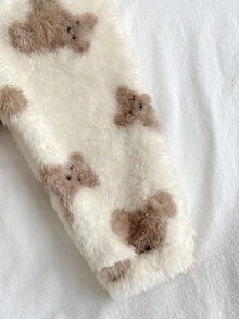 2 件套女婴可爱卡通熊印花羊毛开衫和裤子套装，时尚彼得潘领口袋设计，长袖，秋冬家居服