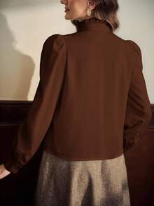 Vintamour 大码女装春秋时尚优雅舒适日常宽松复古杏色长袖纽扣衬衫，女式衬衫，教师服，办公室上衣，曲线衬衫，商务休闲女装，工作服女装，长袖上衣 - 咖啡棕 - 查看 4