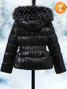 SHEIN 1 件女童连帽人造毛领收腰加厚外套，百搭秋冬装 - 黑色 - 查看 3