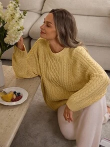 Louniche Damen Vintage Twist Seil Zopfstrick Rundhals Pullover, Herbst/Winter - Aprikosenfarben - Übersicht 5