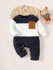 SHEIN Bộ đồ liền thân dệt kim sọc nhiều màu giản dị cho bé trai sơ sinh, dài tay, cổ tròn, cài nút, vừa vặn thoải mái, thích hợp mặc trong nhà và ngoài trời, từ 0-9 tháng - Nhiều màu - Xem 1