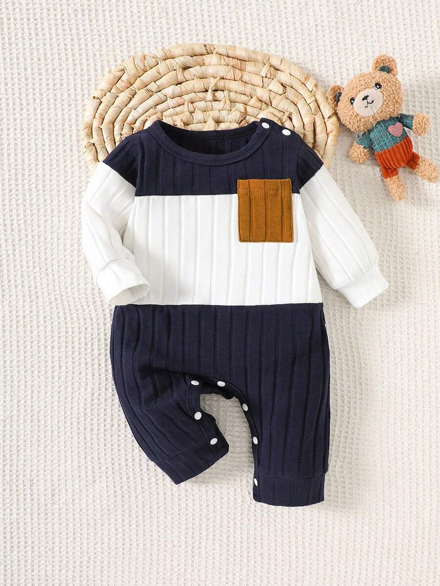 SHEIN Bộ đồ liền thân dệt kim sọc nhiều màu giản dị cho bé trai sơ sinh, dài tay, cổ tròn, cài nút, vừa vặn thoải mái, thích hợp mặc trong nhà và ngoài trời, từ 0-9 tháng - Nhiều màu - Xem 1