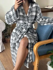 DAZY 女士格子法兰绒加厚宽松长袍，冬季蓬松款 - 灰色 - 查看 6