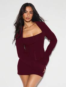 KIZN Long Sleeve Square Neck Button Front Corset Top Fitted Tailored Autumn Winter Holiday Party Special Occasion Evening Elegant Formal Wear - Burgundy - View 3