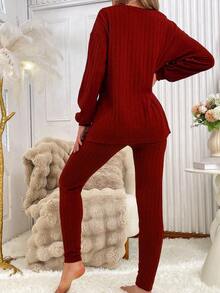 Solid Color Textured Half-Zip Top & Pants Women's Loungewear Set, Winter Clothes - Red - View 2