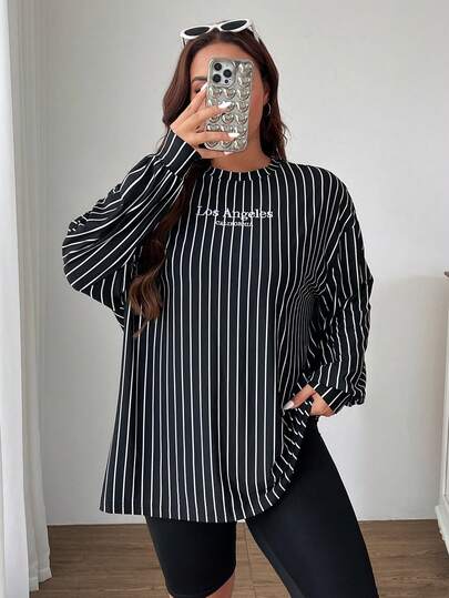 SHEIN EZwear 大码女式字母刺绣条纹休闲长袖 T 恤连衣裙，基本宽松大码 T 恤，适合日常通勤、运动、校园