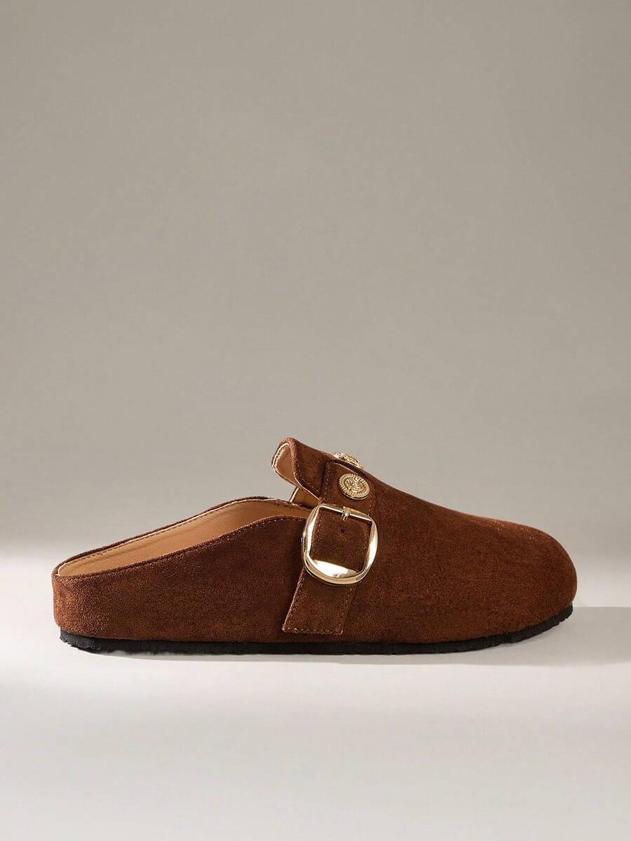 Solecia Women's Flat Slip-On Loafers, Casual Suede Shoes, Fashion Versatile Comfortable, Brown With Metal Buckle, Autumn/Winter - Brown - View 1