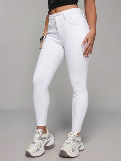 SHEIN PETITE Women's Pocket Skinny Casual Versatile Denim Jeans