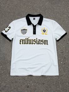 Manfinity Campus Court 男士休闲撞色滚边字母印花短袖Polo衫，夏季时尚“23”数字印花百搭单品，潮流街头风和校园风，万圣节完美之选，送给男友的理想礼物。男士复古衬衫足球衫纽扣球衣橄榄球Polo衫足球衫，男士冬季服装，送给男友的完美礼物，街头风、校园风和万圣节都非常时尚。男士复古衬衫 - 白色 - 查看 1