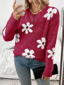 EMERY ROSE Sweater Rajut Wanita Kasual Bermotif Bunga Lembut, Leher Bulat, Bahu Longgar, Lengan Panjang, Musim Gugur/Dingin, Natal - Burgundy - View 3
