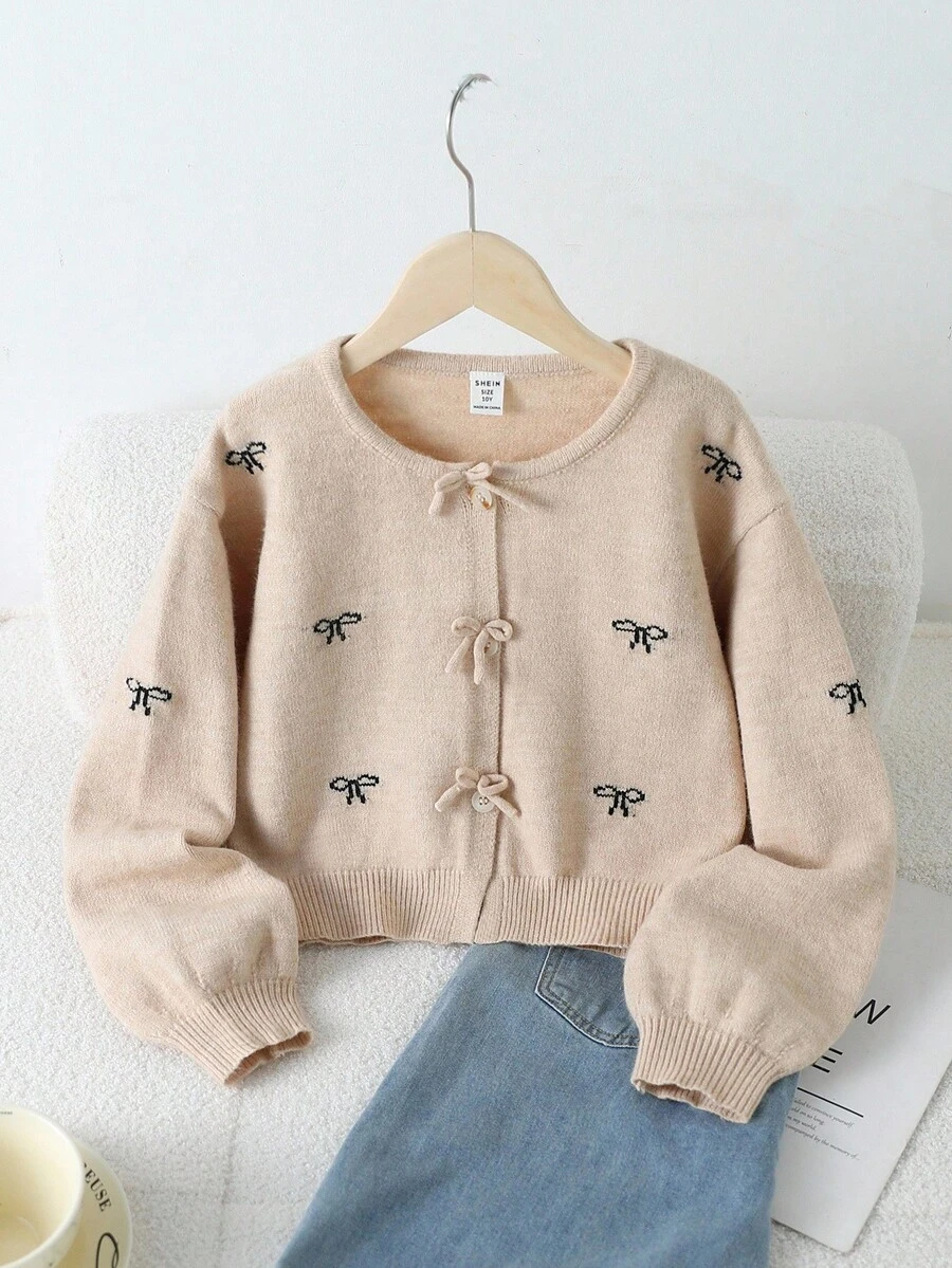 Sparklyn Tween Girls Cardigans, Apricot Jacquard Round Neck Knit Cardigan With Bow Decor, Long Sleeve Short Soft Comfortable Sweater Suitable For Spring, Autumn, Winter, Daily, Outdoor, Travel, Vacation, Home, Daycare, Kids Play Girl Sweater Jacket Sweaters For Girls With Bows Kids Cardigan For Girls Girl Sweaters Cardigan Kids Sweaters For Girls Button