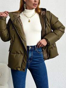 RueChic Zip Up Drawstring Hooded Puffer Coat - Dark Green - View 1