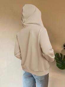 SHEIN EZwear Sweatshirt Berkerudung Rajut Abu-abu Wanita untuk Musim Gugur/Dingin - Khaki - View 2