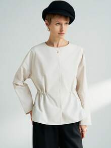 INAWLY Women's Solid Color Drop Shoulder Long Sleeve Cinched Waist Casual Regular Jacket - White - View 1