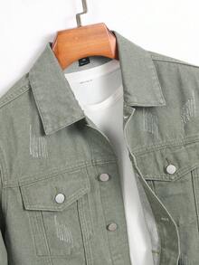 Manfinity Homme Men Casual Street Style Military Green Denim Long Sleeve Jacket, Fall - Army Green - View 4