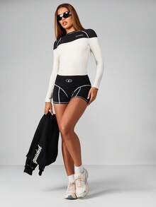 Missguided x Playboy Long Sleeve Color Block Performance Top With White Contrast Panel Active Wear Training Fitness Athleisure Crop Design Winter Fall Sporty Raglan - Multicolor - View 3