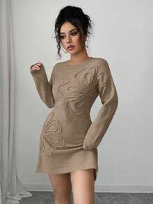 Elenzga Elegant Solid Color 3D Floral Knit Dress, Autumn/Winter - Khaki - View 3