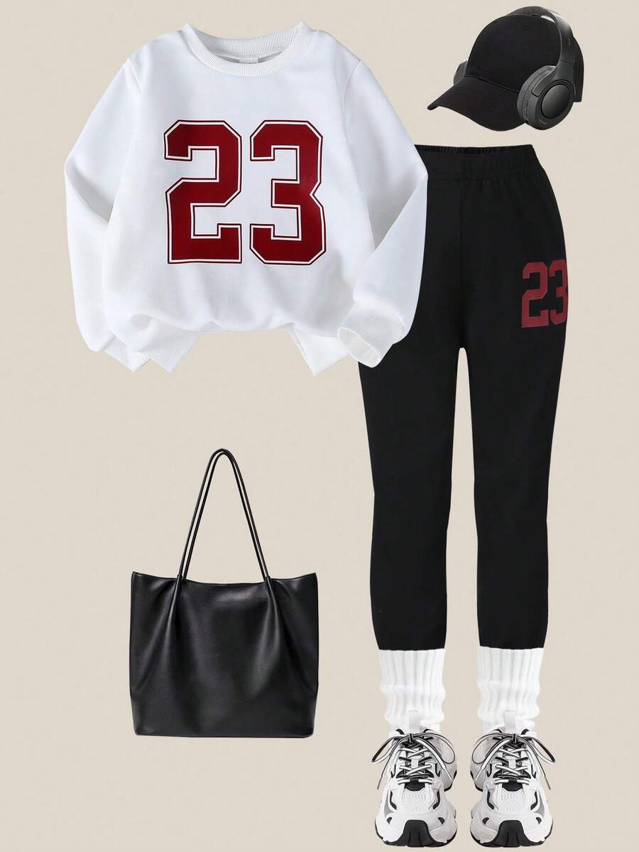 SHEIN Explorewe Set Hoodie Gaya Jalanan untuk Anak Perempuan, Cocok untuk Aktivitas Luar Ruangan Musim Semi & Gugur, Pakaian Kasual Anak-anak: Sweatshirt Rajut Bermotif & Legging - Putih - View 1