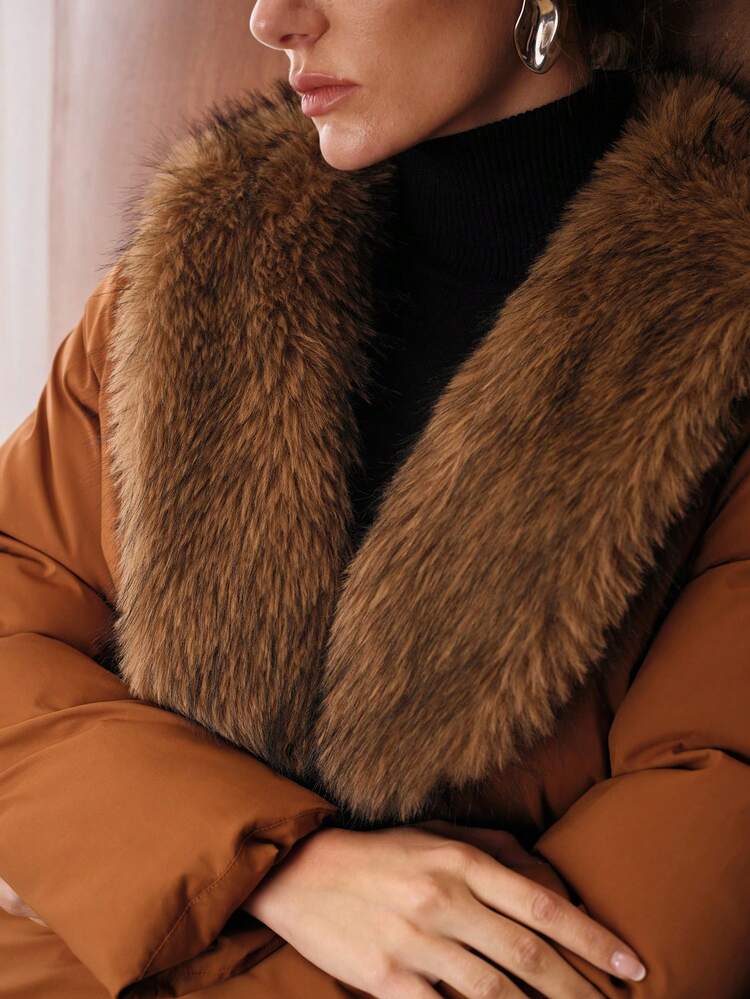 FUR COLLAR PATCHWORK LONG SLEEVE TIE WAIST ELEGANT PADDED COAT, AUTUMN/WINTER