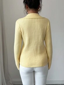 Elenzga Damen Herbst/Winter Neu V-Ausschnitt Polokragen Metall Knopf Modisch Figurbetont Eleganter Damenstil Regulärer Strick Langarm Pullover - Gelb - Übersicht 2