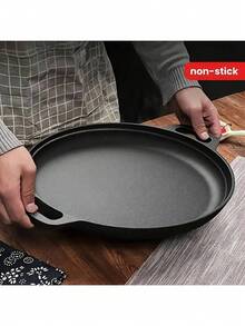 1pc Cast Iron Skillet, Non-Stick Uncoated Pancake Pan, Multi-Functional Non-Stick Cookware, Suitable For Pizza, Grilling, Pancake - Compatible With All Stoves Including Electric, Induction And Gas Stove, Ideal For Home Kitchen And Outdoor Cooking - Black - View 1