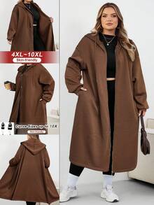 SHEIN CURVE+ 加大码女式长款连帽夹克外套，适合秋冬季女装，冬季，CURVE PLUS - 棕色 - 查看 1
