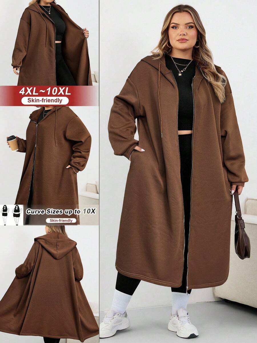 SHEIN CURVE+ 加大码女式长款连帽夹克外套,适合秋冬季女装,冬季,CURVE PLUS - 棕色 - 查看 1