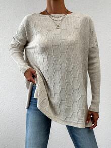 EURMUSE Solid Drop Shoulder Split Hem Sweater - Beige - View 5