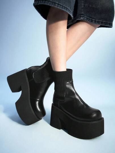 Grunge Punk 4,0 pollici Stivali alla caviglia con tacco spesso, stile gotico punk, in pelle con punta tonda, elastici, stivali casual con suola spessa e zeppa, stivali da esterno e pendolarismo per donna