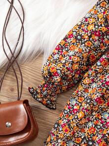 SHEIN Baby Girl Elegant Floral Print Long Sleeve Ruffle Hem Dress Autumn/Winter - Multicolor - View 7