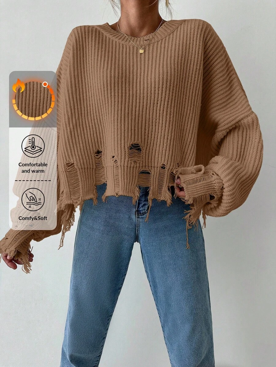 EURMUSE Women's Solid Color Round Neck Fringe Long Lantern Sleeve Fashionable Sweater Fall - Beige - View 1