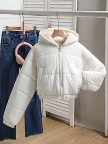 SHEIN 少女休闲短款连帽棉衣，保暖内衬，宽松版型，舒适，适合秋冬季日常穿着、户外、派对、拍照