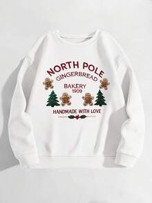 INAWLY Women's Christmas Gingerbread Man & Bread Pattern Sweatshirt, Colorful Comfortable Crew Neck Long Sleeve Top, Suitable For Everyday Wear - White - View 3