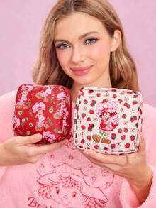 Strawberry Shortcake X SHEIN 1PC/1 套卡通图案印花涤纶纤维收纳袋，可用作女性卫生收纳袋、数码收纳袋、小物件收纳袋、草莓、田园、猫咪、可爱 - 彩色 - 查看 2