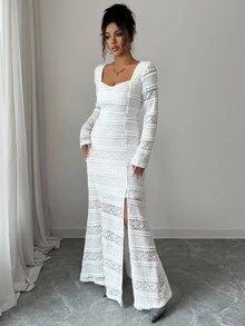 Rafferiza 女款白色花卉優雅婚禮賓客洋裝，方領長袖貼身開衩立體面料秋季辦公室派對長裙 - 白色 - 查看 6