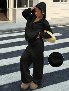 Muchica 女士奶油黄色休闲宽松运动衫套装，秋季新品 - 黑色 - 查看 3