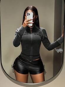 Slaydiva Dark Grey,Autumn,Streetwear,Everyday,Back-To-School Women Embroidered Letter Zip-Up Long Sleeve Fitted Sweatshirt Jacket,Y2k Casual Crop Pullover - Dark Grey - View 4