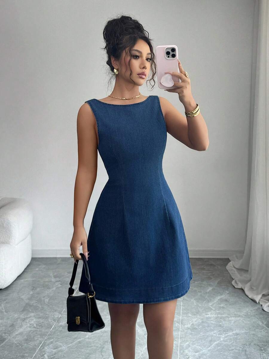 Siren Gaze 女式休闲无袖露背牛仔连衣裙，夏季 - 藍色 - 查看 1