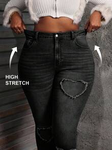 SHEIN SXY 大码女式牛仔裤 紧身弹力爱心刺绣长裤 蓝色女式牛仔裤 女式妈妈牛仔裤 牛仔裤 牛仔裤 裤子 紧身牛仔裤 弹力牛仔裤 - 黑色 - 查看 3