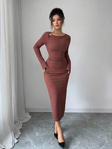 Elenzga Women's Elegant Asymmetric Collar Metal Buckle Waist Ruched Autumn Dress